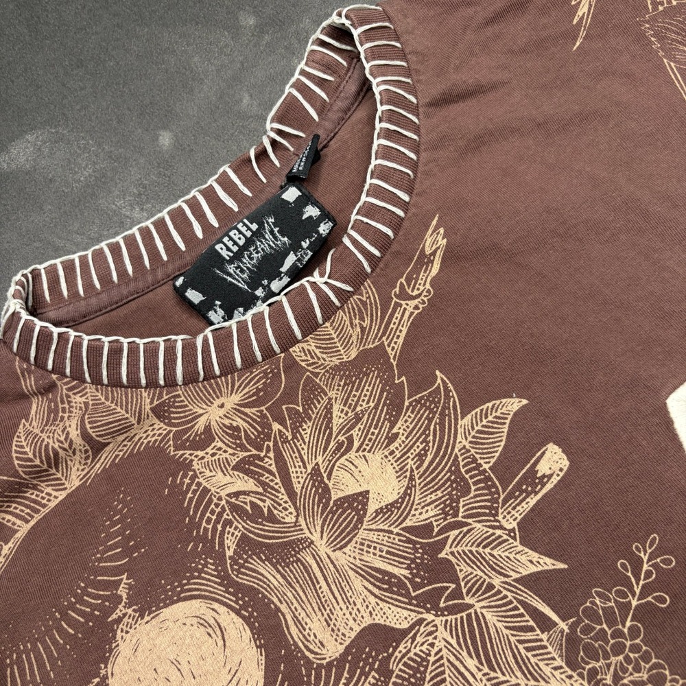Rebel Vengeance Graphic T-Shirt Mens S Brown Skull Floral Rebel Archives Patch